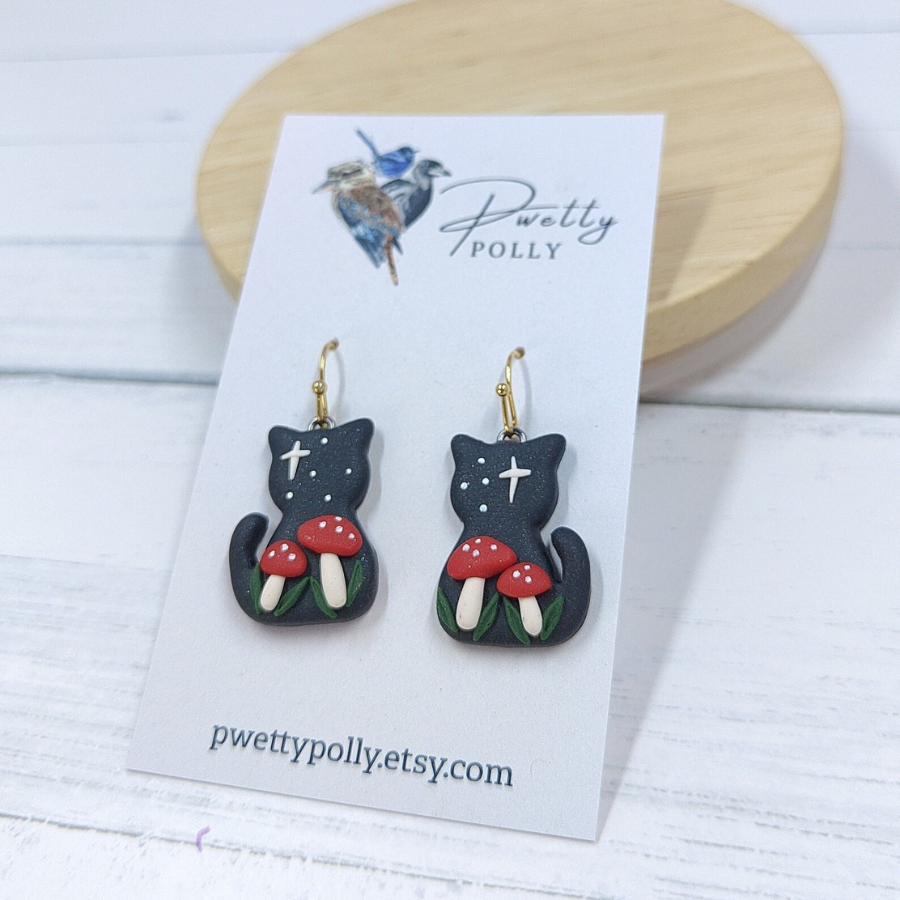 Earrings - Cat & Mushroom Dangle