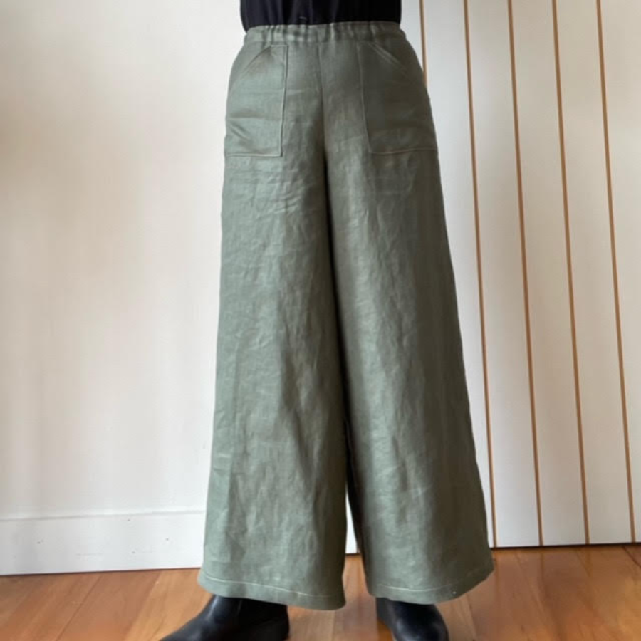 Khaki Linen Top Stitch Pants